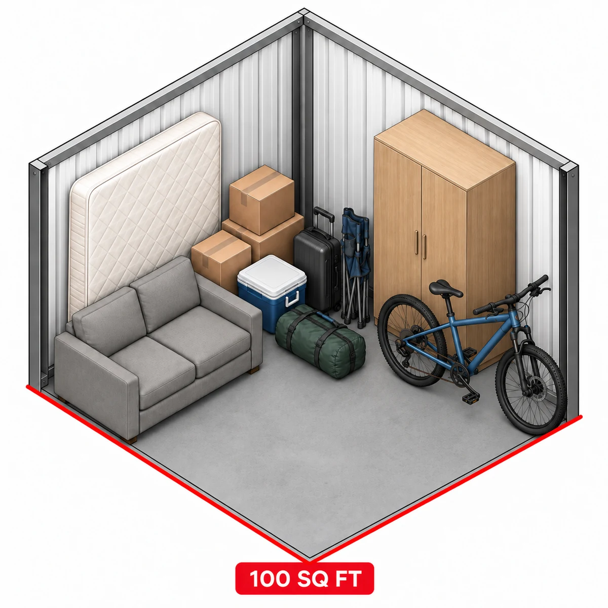 Illustration of a 100 square foot self storage unit
